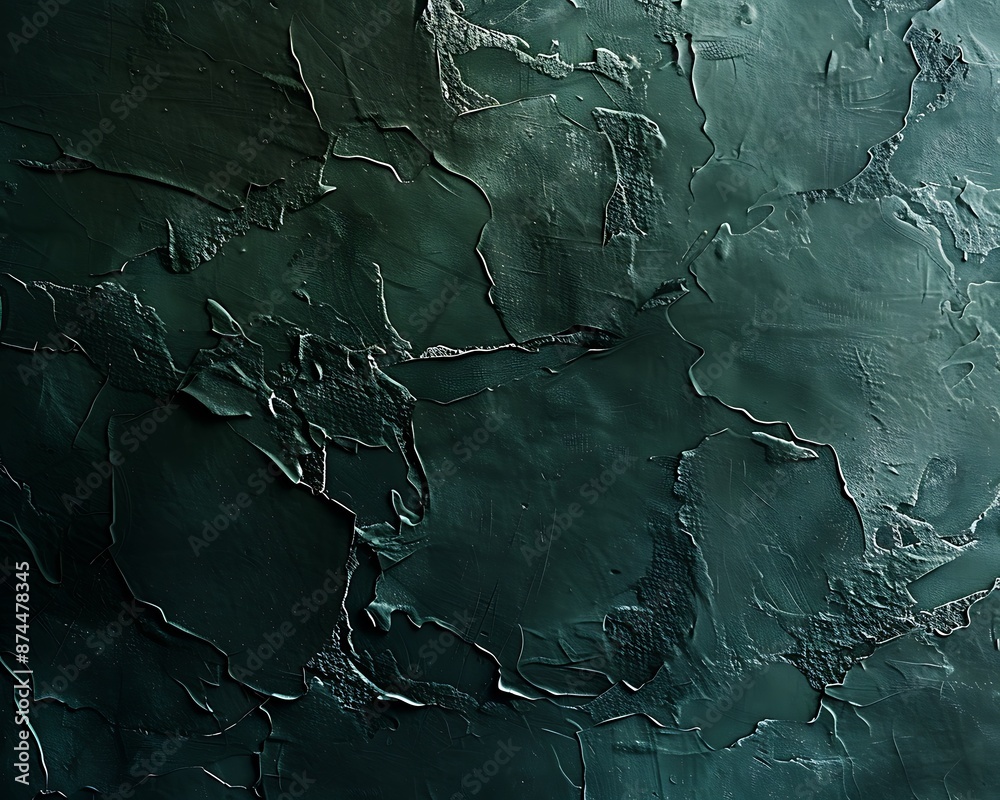 Abstract dark green plaster wall with a unique rough texture, subtly ...