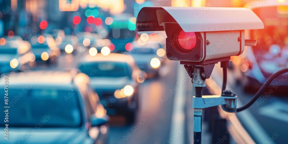 A traffic surveillance camera monitoring a busy urban street with cars and city lights in the background. A traffic surveillance camera monitoring a busy urban street with cars and city lights in the background.
