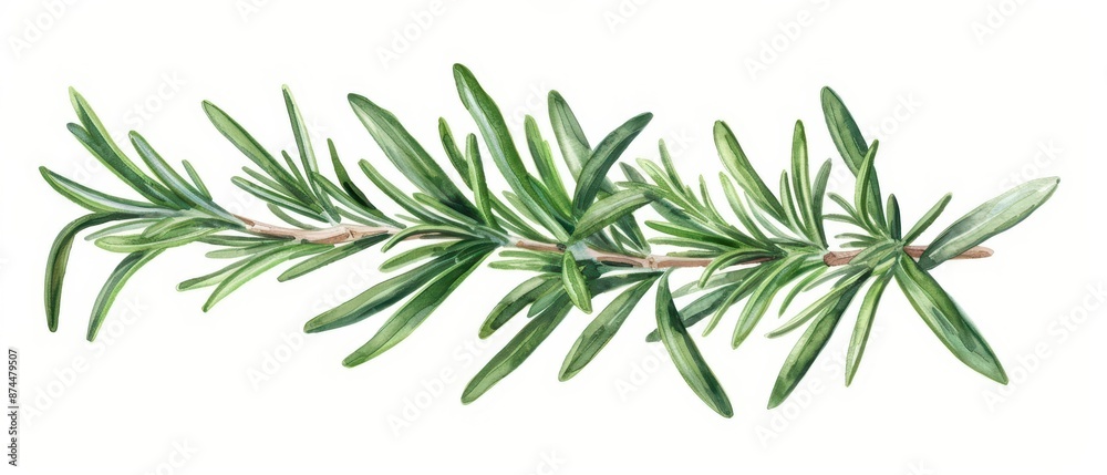Naklejka premium A fragrant watercolor painting of rosemary, with its needlelike leaves in deep green hues, isolate on white background with copy space