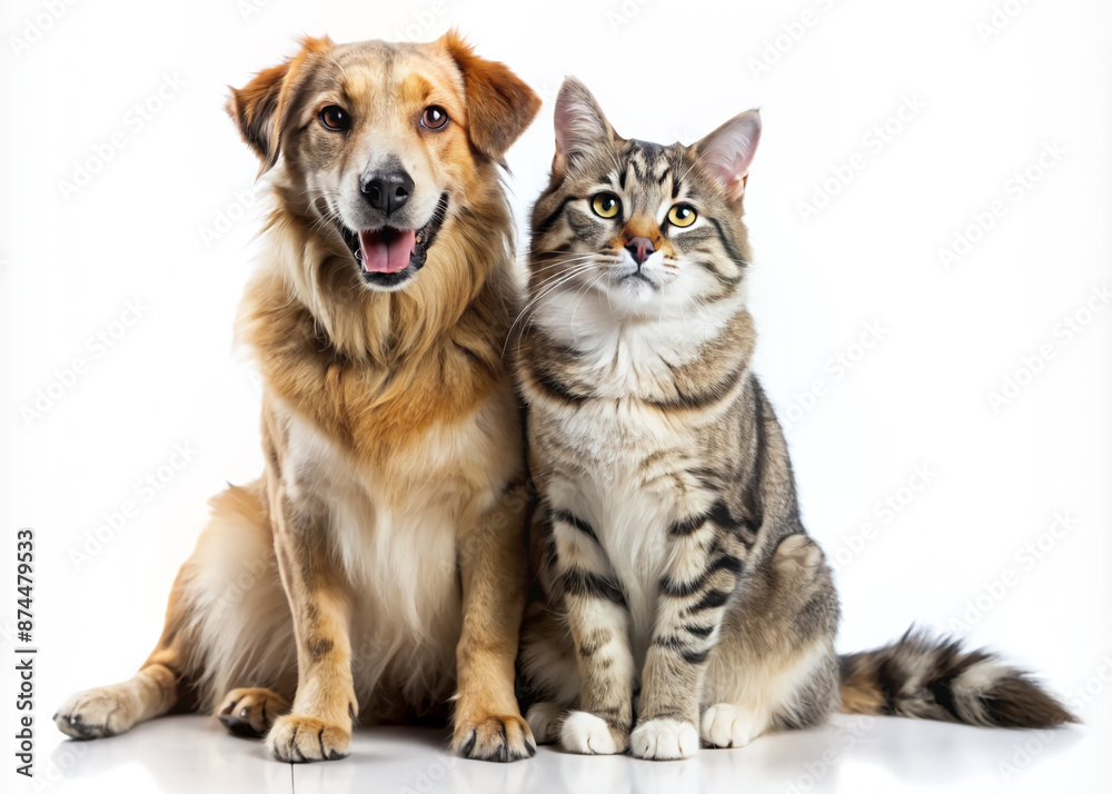Heartwarming moment of unlikely friendship between a happy dog and a contented cat sitting side by side, exuding warmth, trust, and companionship in perfect harmony. Heartwarming moment of unlikely friendship between a happy dog and a contented cat sitting side by side, exuding warmth, trust, and companionship in perfect harmony.