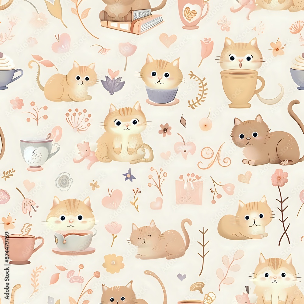 Cartoon Cat and Playful Elements Design for Children's Room Decor Cartoon Cat and Playful Elements Design for Children's Room Decor