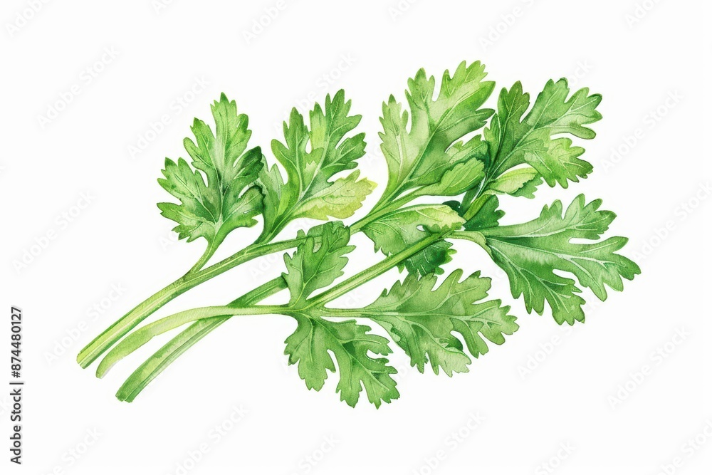 A lively watercolor illustration of cilantro, with its feathery leaves and fresh green color, isolate on white background with copy space A lively watercolor illustration of cilantro, with its feathery leaves and fresh green color, isolate on white background with copy space