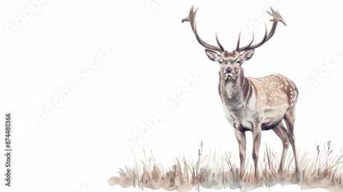 A majestic deer standing in a forest clearing, captured in earthy watercolor tones, isolate on white background with copy space © JK_kyoto