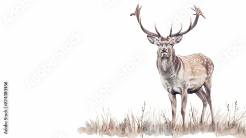 A majestic deer standing in a forest clearing, captured in earthy watercolor tones, isolate on white background with copy space