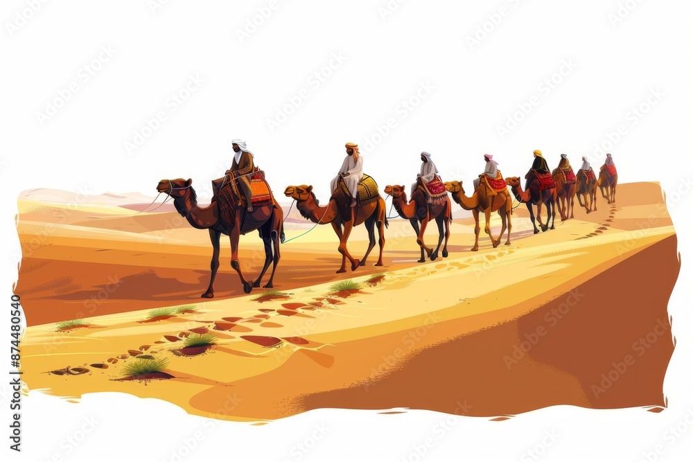 An outdoor scene of a camel caravan carrying supplies through the desert, showcasing the historical importance of camels in Emirati culture. An outdoor scene of a camel caravan carrying supplies through the desert, showcasing the historical importance of camels in Emirati culture.