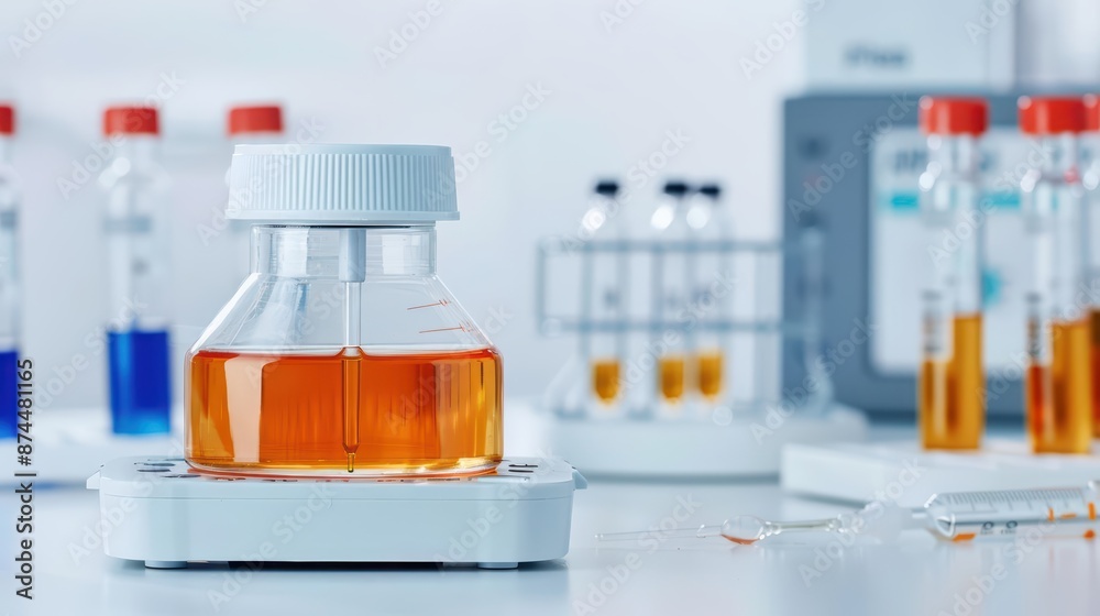 A pH meter with a highresolution display, giving precise readings of liquid samples and connected to a smart data logging system, with copy space A pH meter with a highresolution display, giving precise readings of liquid samples and connected to a smart data logging system, with copy space
