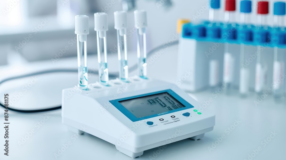 A pH meter with a highresolution display, giving precise readings of liquid samples and connected to a smart data logging system, with copy space A pH meter with a highresolution display, giving precise readings of liquid samples and connected to a smart data logging system, with copy space