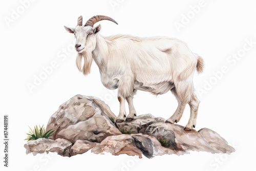 A playful goat climbing on rocky terrain, captured in bright watercolor shades, isolate on white background with copy spac