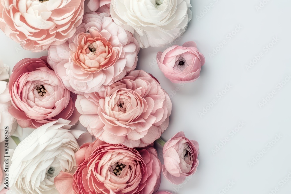 A rich watercolor depiction of ranunculus flowers, with their layers of delicate petals in soft colors, isolate on white background with copy space A rich watercolor depiction of ranunculus flowers, with their layers of delicate petals in soft colors, isolate on white background with copy space