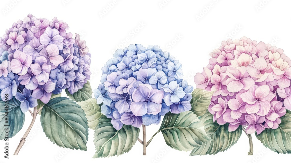 Fototapeta premium A rich watercolor painting of hydrangeas, with their large, globelike clusters of flowers in various shades, isolate on white background with copy space