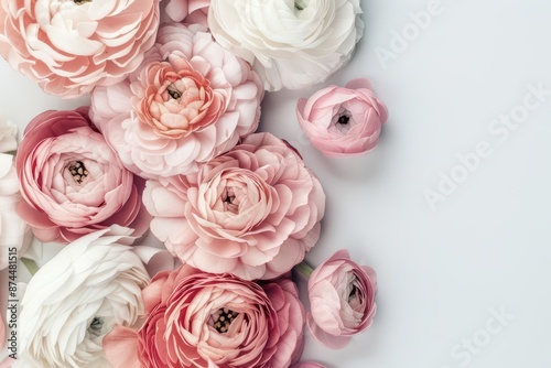 A rich watercolor depiction of ranunculus flowers, with their layers of delicate petals in soft colors, isolate on white background with copy space