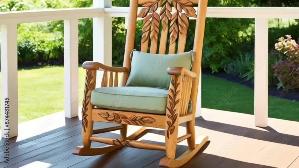 a handcrafted wooden rocking chair with a natural oak finish, adorned with intricate carvings of leaves and vines, and a plush cushion in a soft sage green color, sitting on a sunny porch. 
