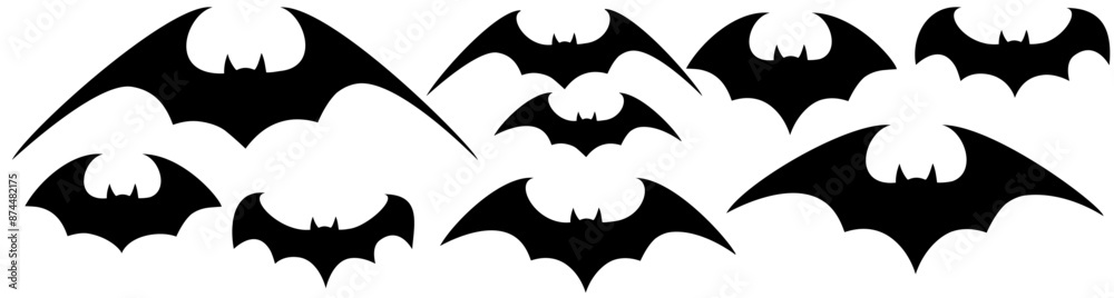 Fototapeta premium Halloween bat silhouette set. Halloween flying bats. Vampire vector bat. Dark silhouette of bat flying in a flat style