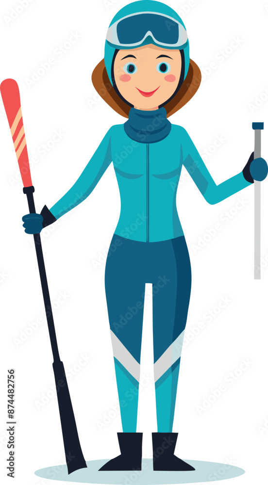 Female Skier Illustration in Winter Gear Holding Ski Poles Female Skier Illustration in Winter Gear Holding Ski Poles