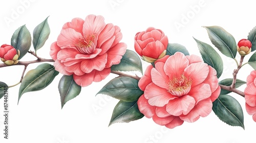 A vibrant watercolor illustration of camellias, with their lush and showy blooms, isolate on white background with copy space