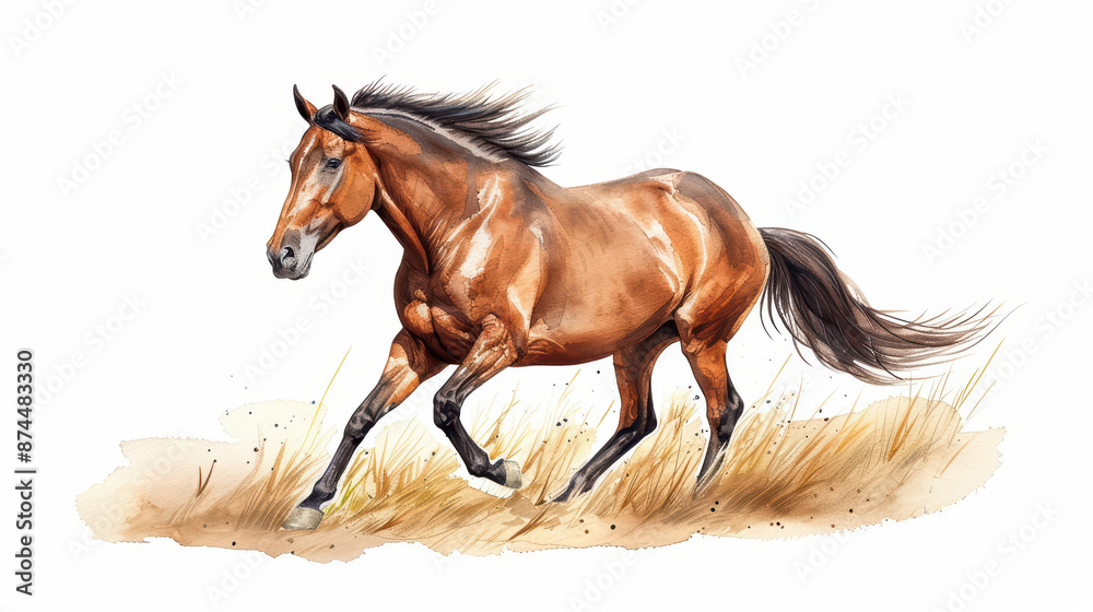 Naklejka premium A watercolor illustration of a horse galloping through a meadow, isolate on white background with copy space
