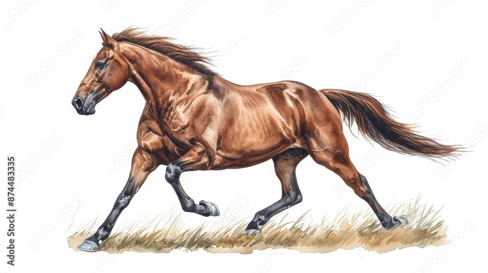 Fototapeta premium A watercolor illustration of a horse galloping through a meadow, isolate on white background with copy space