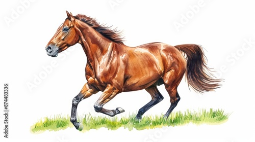 A watercolor illustration of a horse galloping through a meadow, isolate on white background with copy space © JK_kyoto
