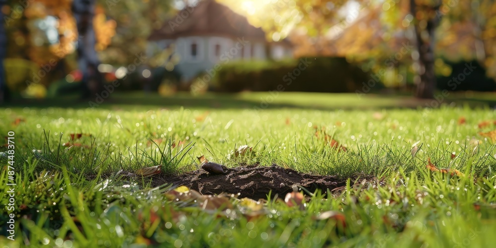 A molehill in a well-kept garden with a house in the background, illustrating garden life and wildlife interaction. A molehill in a well-kept garden with a house in the background, illustrating garden life and wildlife interaction.