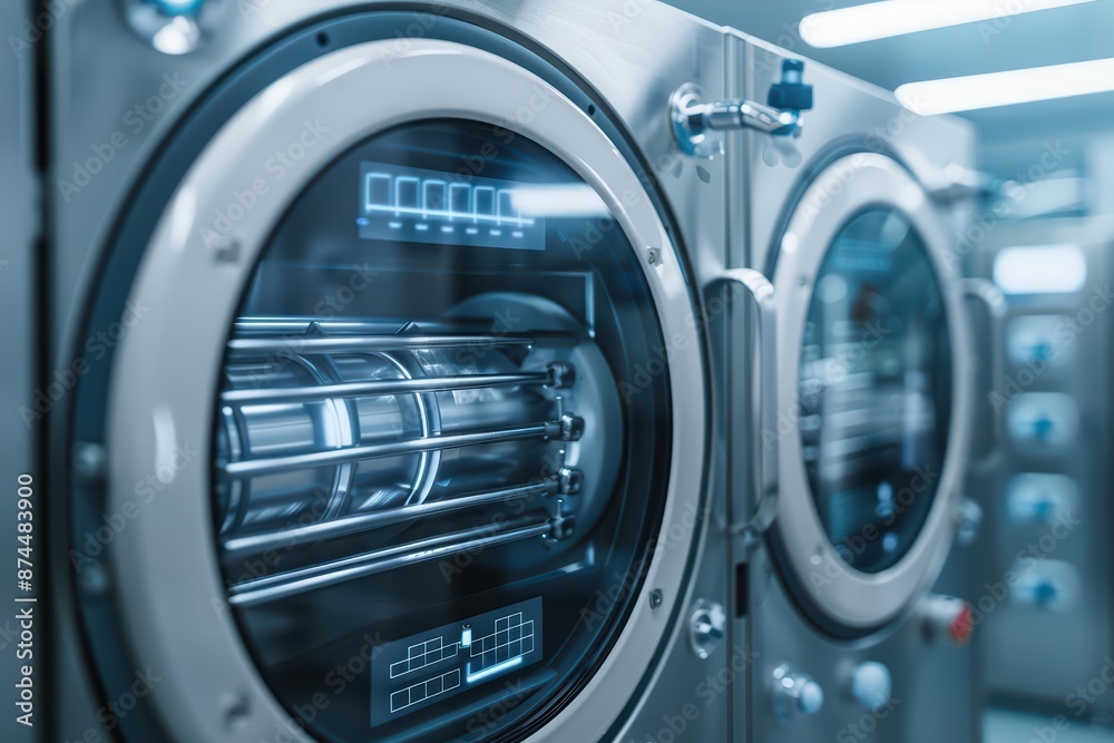 An autoclave with a sleek digital interface, sterilizing laboratory equipment with advanced safety and efficiency, with copy space An autoclave with a sleek digital interface, sterilizing laboratory equipment with advanced safety and efficiency, with copy space