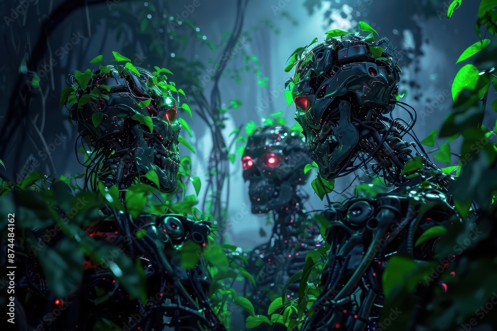 Obraz premium An enchanted forest where zombie creatures with holographic auras and mechanical parts interact with visitors, high tech, with copy space
