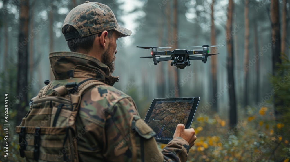 Fototapeta premium a man in a military uniform controls the flight of a drone using a tablet.