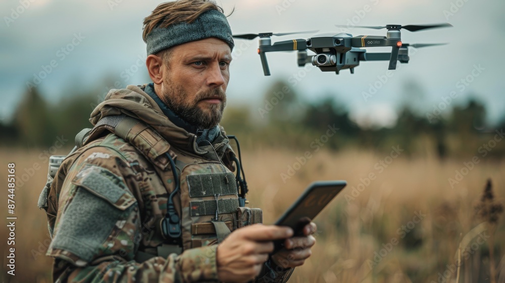 a man in a military uniform controls the flight of a drone using a tablet. a man in a military uniform controls the flight of a drone using a tablet.