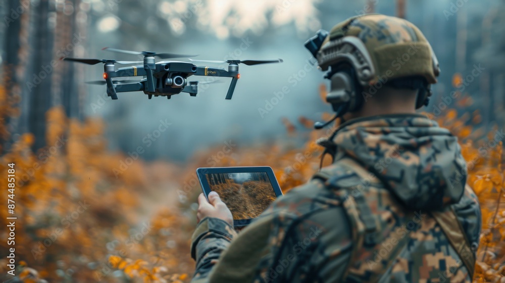 a man in a military uniform controls the flight of a drone using a tablet. a man in a military uniform controls the flight of a drone using a tablet.