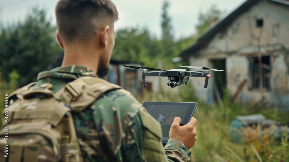 a man in a military uniform controls the flight of a drone using a tablet. a man in a military uniform controls the flight of a drone using a tablet.