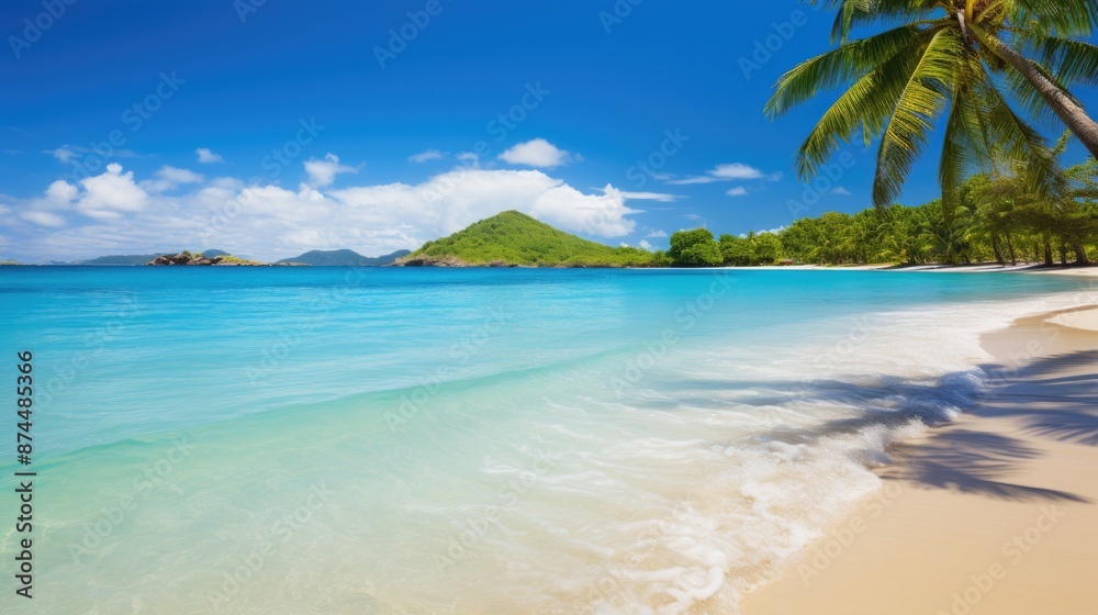 Fototapeta premium Scenic tropical beach with palm trees and crystal clear water, perfect for a relaxing getaway.