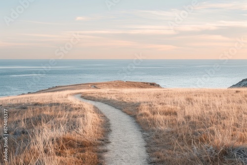 Fototapeta Naklejka Na Ścianę i Meble -  minimalist winding path leading towards a calm horizon, process of finding balance and peace, journey towards stability, landscape with copy space pastel colors