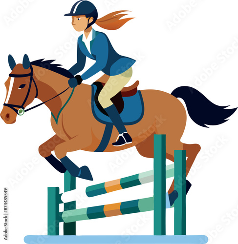 Equestrian Rider Jumping Horse Over Hurdle in Competition