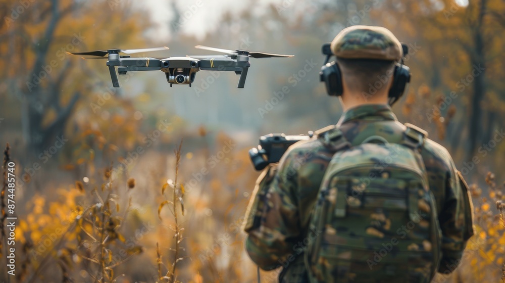 a man in a military uniform controls the flight of a drone using a tablet. a man in a military uniform controls the flight of a drone using a tablet.