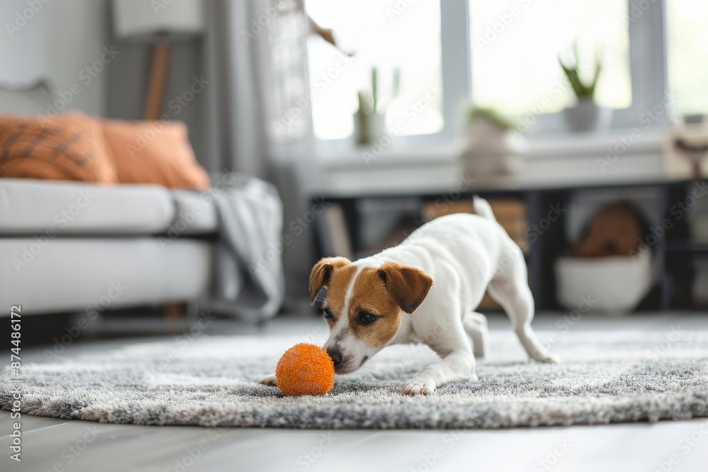 cute jack Russel purebred puppy playing with eco toy on beige natural jute rug, having fun. Pet products ad. Active hunting  dog breed.