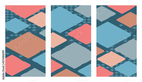 Abstraktes Kartenset in Blau-, Rot- und Grautönen. Designvorlagen für Poster, Werbung, Flyer, Social Media Posts, Cover und Banner.