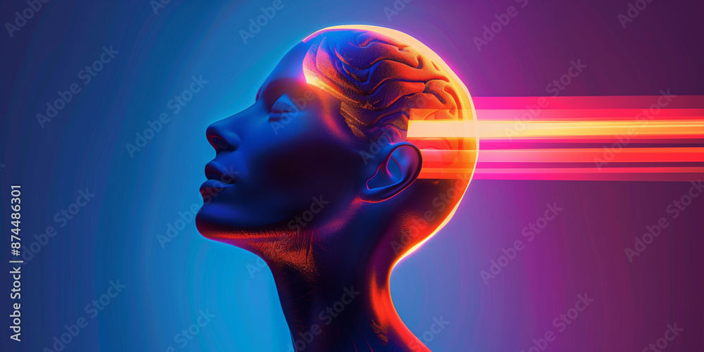 Cyborg human head and energy rays concept horizontal poster. Robot head and glowing rays creative banner. Futuristic technology background. Raster digital illustration. AI artwork. Cyborg human head and energy rays concept horizontal poster. Robot head and glowing rays creative banner. Futuristic technology background. Raster digital illustration. AI artwork.
