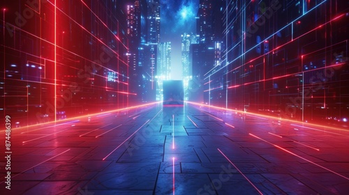 Abstract 3D render of a glowing red and blue neon cube on a city street.