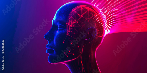 Cyborg human head and energy rays concept horizontal poster. Robot head and glowing rays creative banner. Futuristic technology background. Raster digital illustration. AI artwork. 