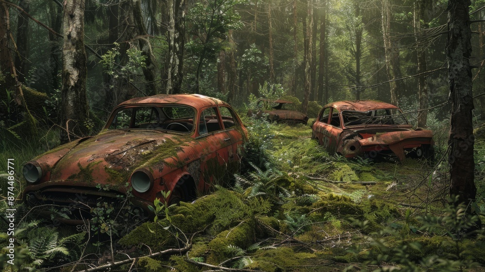 Rusty, abandoned cars left to decay in a dense forest.
Rusty, abandoned cars left to decay in a dense forest.