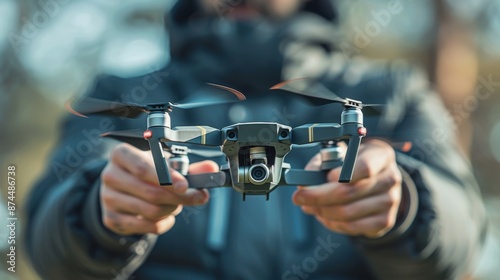 a man in a military uniform controls the flight of a drone using a tablet.