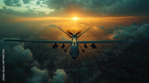 a reconnaissance drone flies over a war zone.