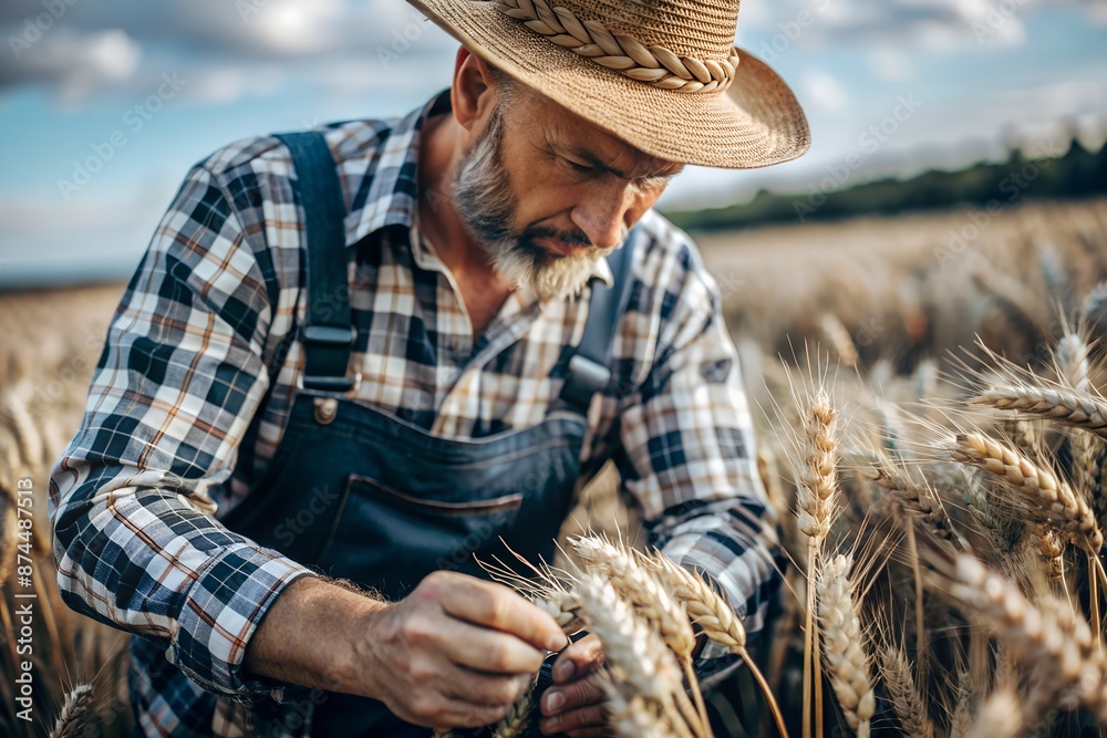 Fototapeta premium a farmer in a hat and plaid shirt in a wheat field 