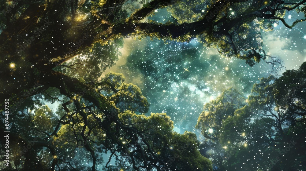 Enchanted Forest Night Sky with Stars and Glowing Fireflies in Dreamy Atmosphere Enchanted Forest Night Sky with Stars and Glowing Fireflies in Dreamy Atmosphere