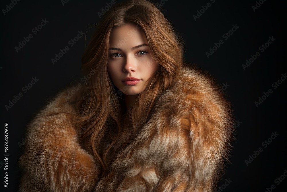 Portrait of a young woman draped in a rich, brown fur coat against a dark background Portrait of a young woman draped in a rich, brown fur coat against a dark background