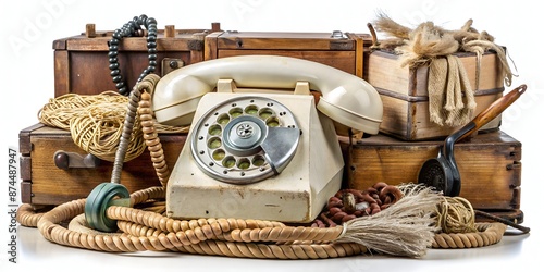 Retro rotary dial telephone with worn cord and faded plastic casing sits atop a cluttered shelf amidst vintage trinkets and dusty forgotten treasures.