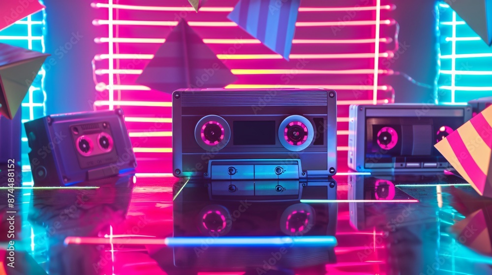 Obraz premium Retro 80s backdrop with neon lights, cassette tapes, and vibrant geometric shapes