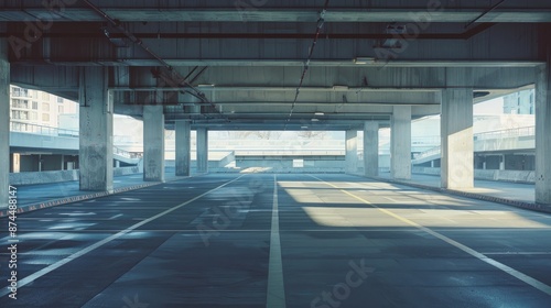 An empty open car parking garage on a sunny day.

