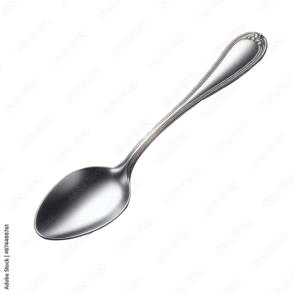 A spoon is shown on a white background. The spoon is silver and has a handle A spoon is shown on a white background. The spoon is silver and has a handle