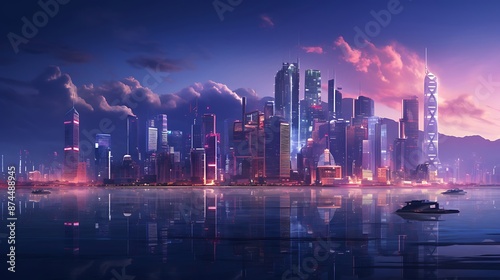 Wallpaper Mural country skyline at night. 
Modern city in neon light, evening Torontodigital.ca