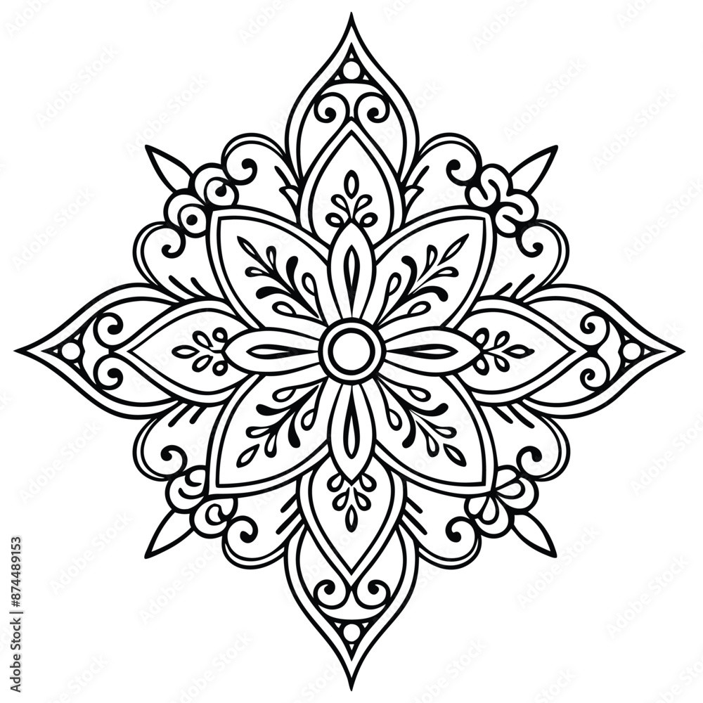 Fototapeta premium Stylized mandala with floral patterns and henna elements on a white isolated background